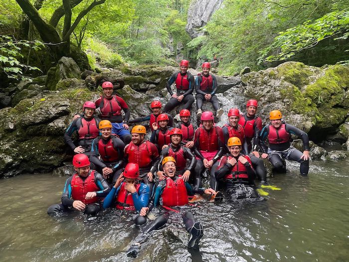 group of men gorge walking 