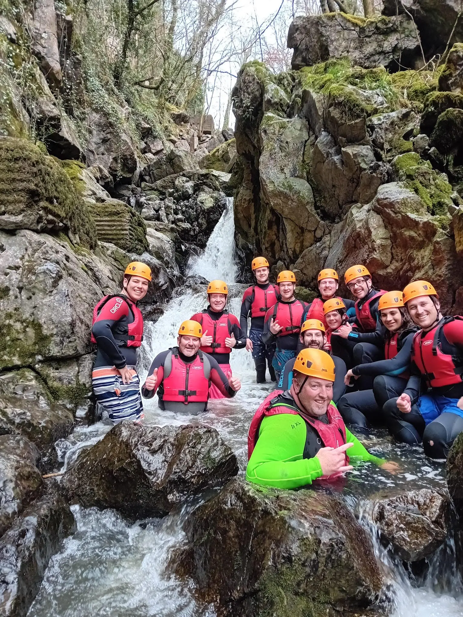 Group of men in their gorge walking stag do adventure in Cardiff.