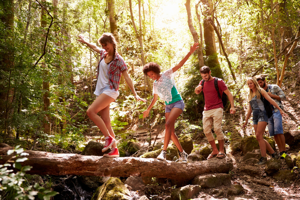Group of co-workers walking on a fallen tree log as they go on an adventurous outdoor team-building activity in Wales.