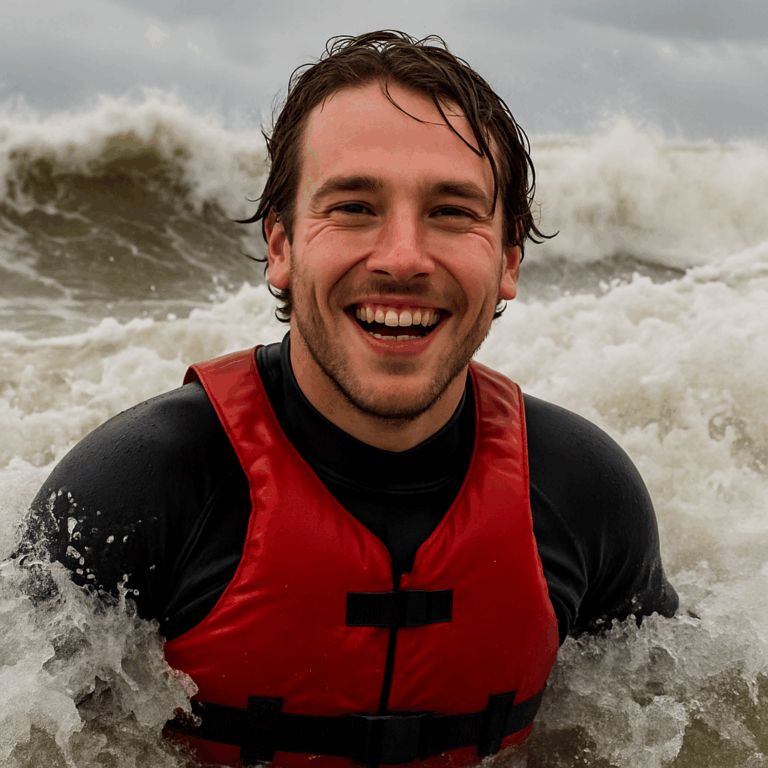A man with swimming vest smiling at the sea
