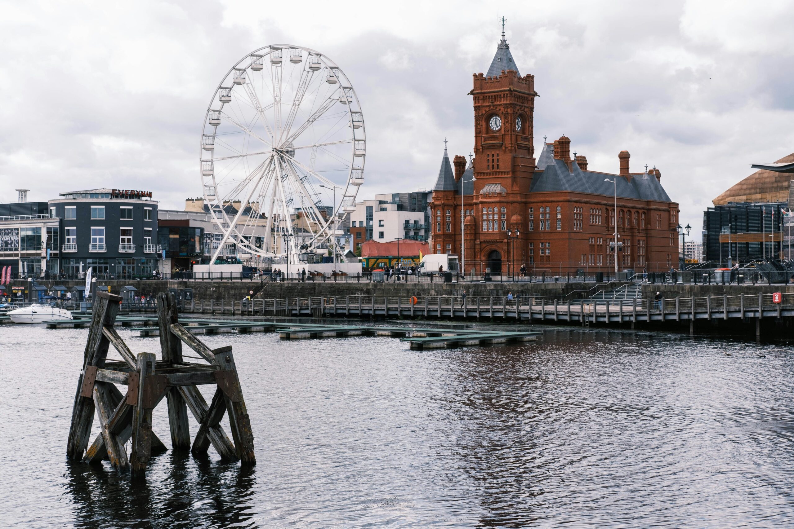 Spectacular view of The Pierhead building with the Giant Wheel in Cardiff Bay